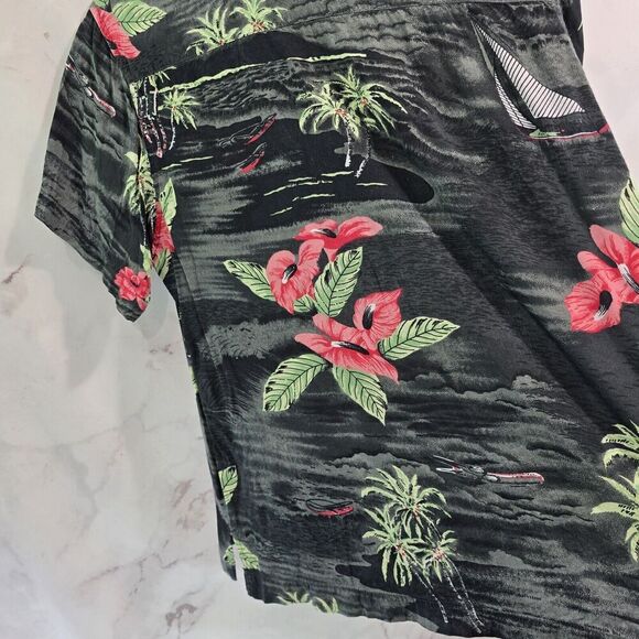 Vintage OP Shirt Mens Medium Black Green Button Up Short Hawaiian Leaf Tropical - Picture 8 of 10